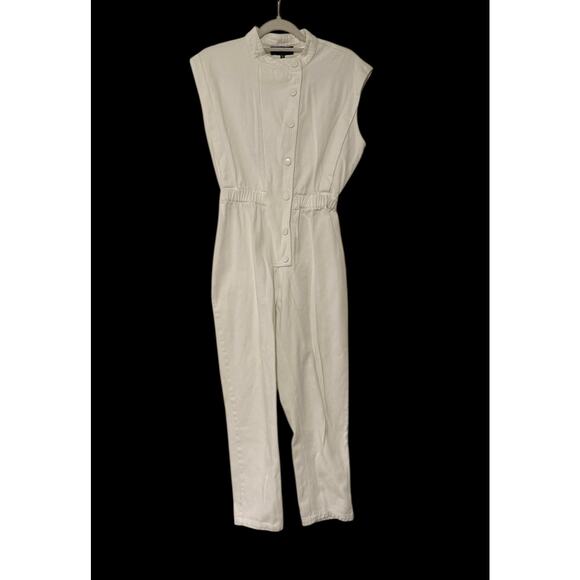 En Saison White Denim Asymmetrical Anthropologie Utility Cropped Jumpsuit XS - Picture 3 of 8